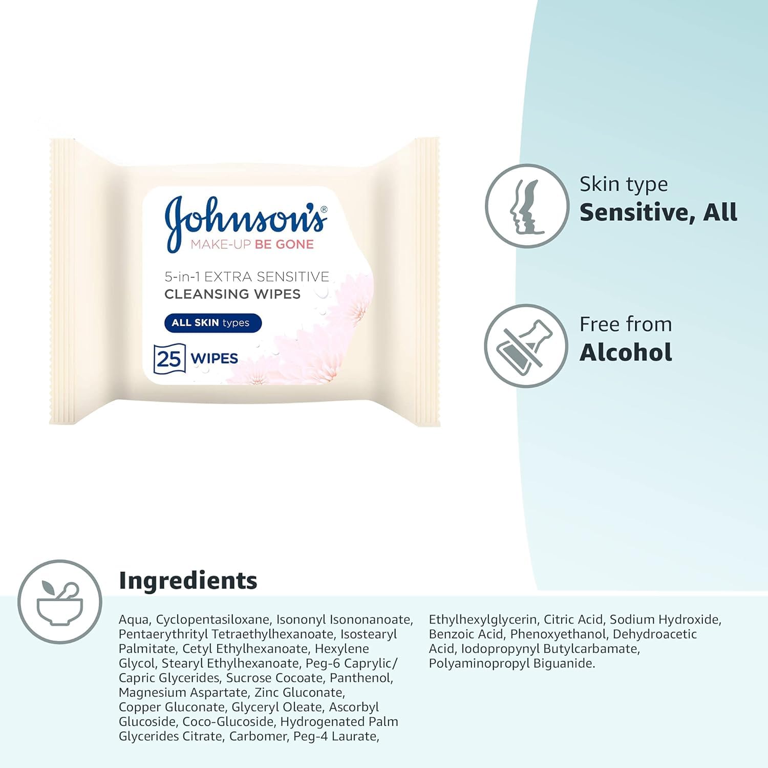 Johnson's Makeup Be Gone Extra-Sensitive Cleansing Wipes, Pack of 6 (150 Wipes Total)
