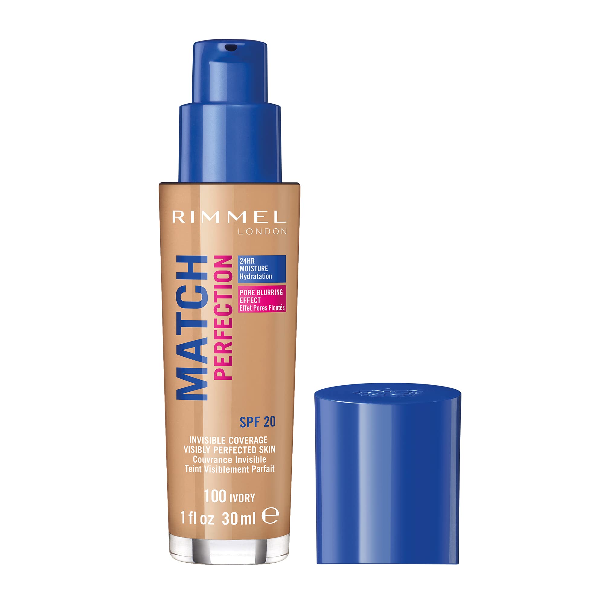 Rimmel Match Perfection Foundation 100 Ivory - Medium Coverage, 24hr Hydration, SPF20