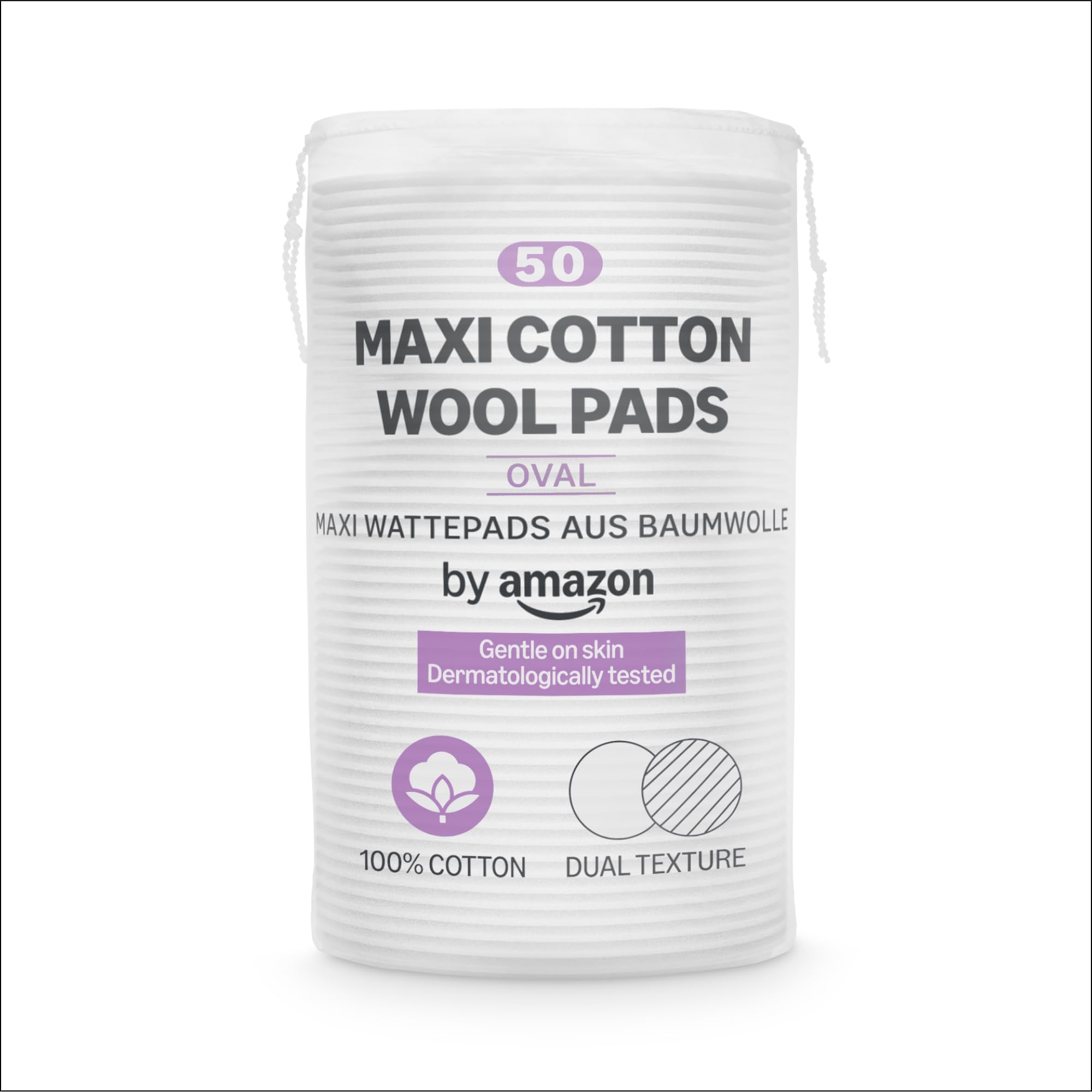 by Amazon Maxi Cotton Wool Pads, Dual Texture, 100% Cotton, 50 Count