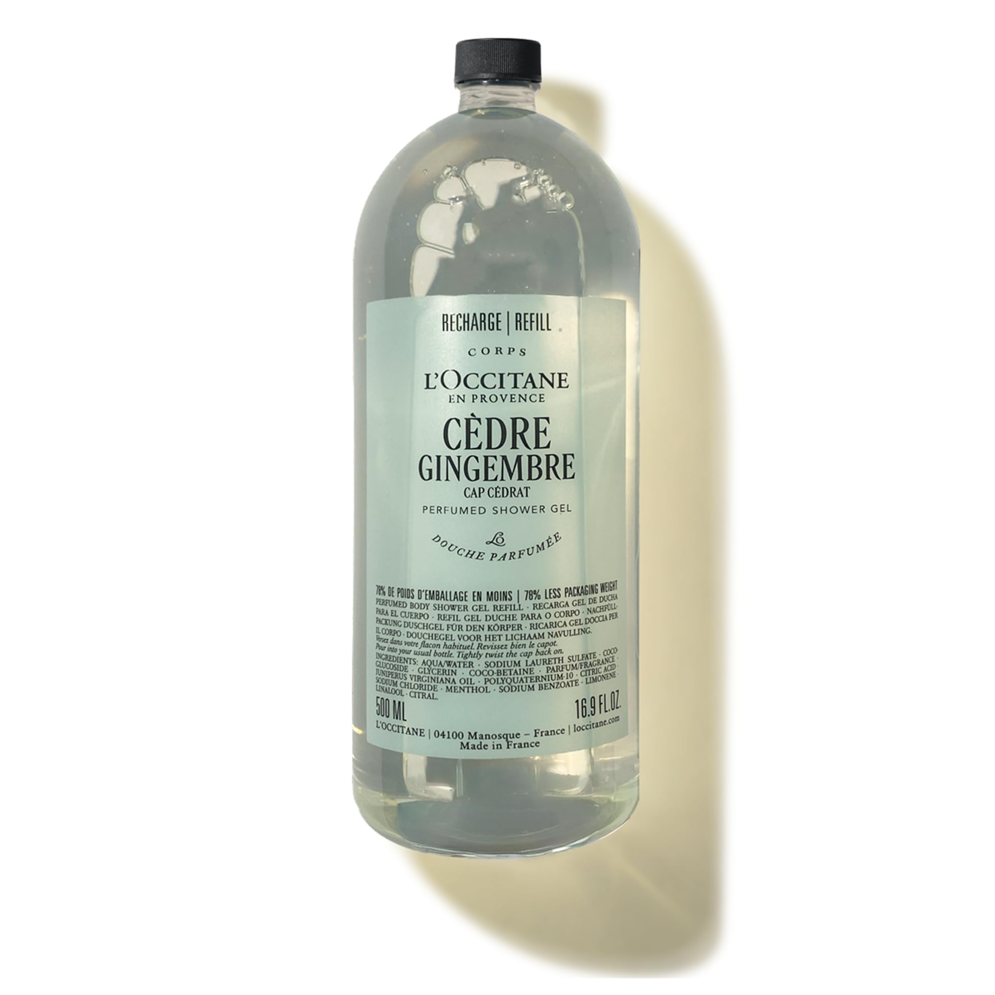 L'OCCITANE Cèdre Gingembre Shower Gel Refill 500ml - Refreshing Cedarwood & Ginger Body Wash for Men
