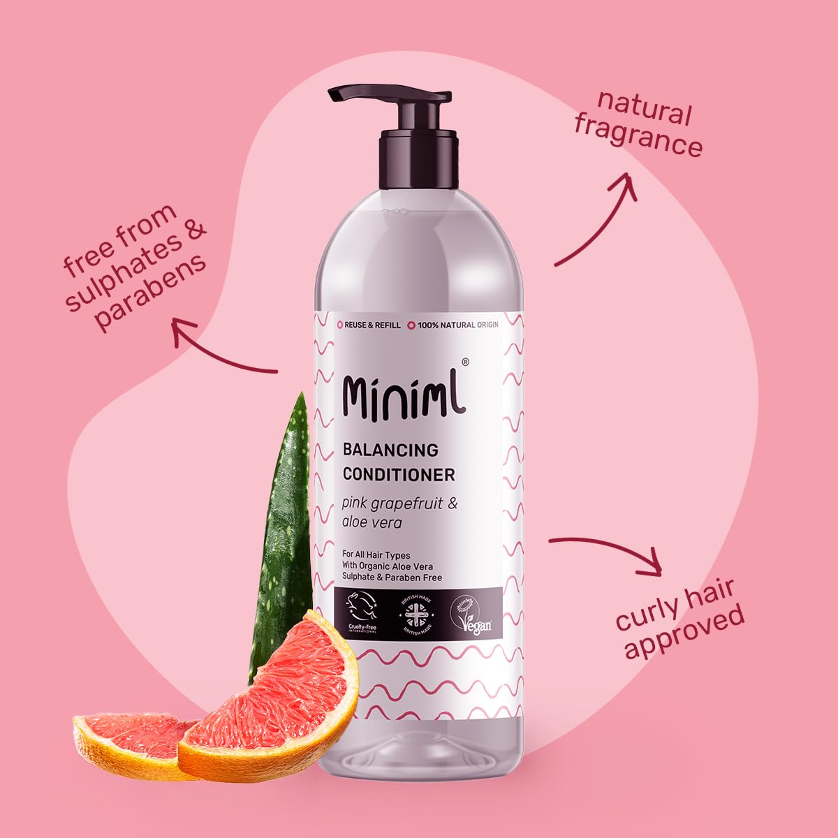 Miniml Natural Hair Conditioner 1L Pink Grapefruit & Aloe Vera - Vegan, Cruelty-Free for Sensitive Scalp