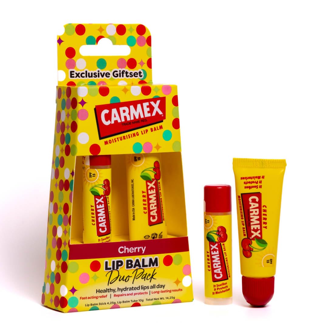 Carmex Cherry Lip Balm Set (Stick & Tube) with SPF 15 Protection