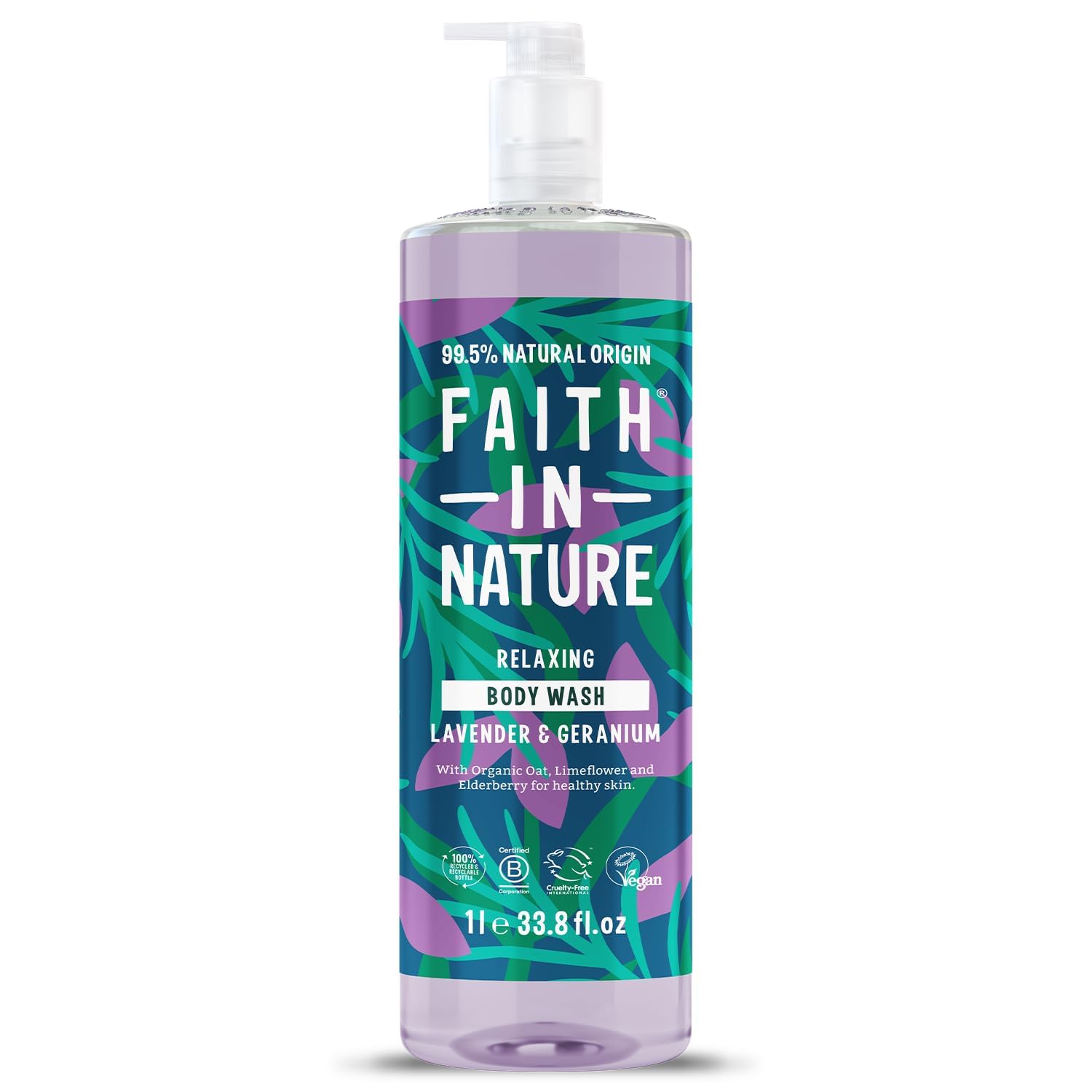 Faith In Nature 1L Natürliches Lavendel- und Geranien-Duschgel, pflegend, vegan und tierversuchsfrei, ohne SLS oder Parabene