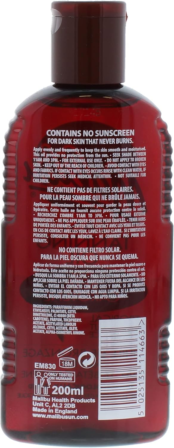 Malibu Sun Bronzing Fast Tanning Oil with Beta Carotene, Water Resistant, 200ml