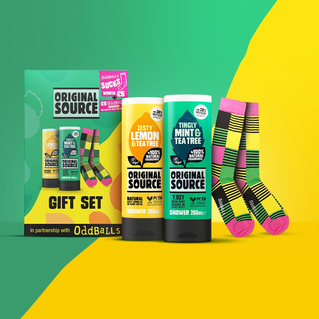Original Source x Oddballs Geschenkset, Duschgel Minze &amp; Teebaum, Duschgel Zitrone &amp; Teebaum, Oddballs Socken, Geschenkidee für Männer, 100 % natürlicher Duft, vegan, tierversuchsfrei 3
