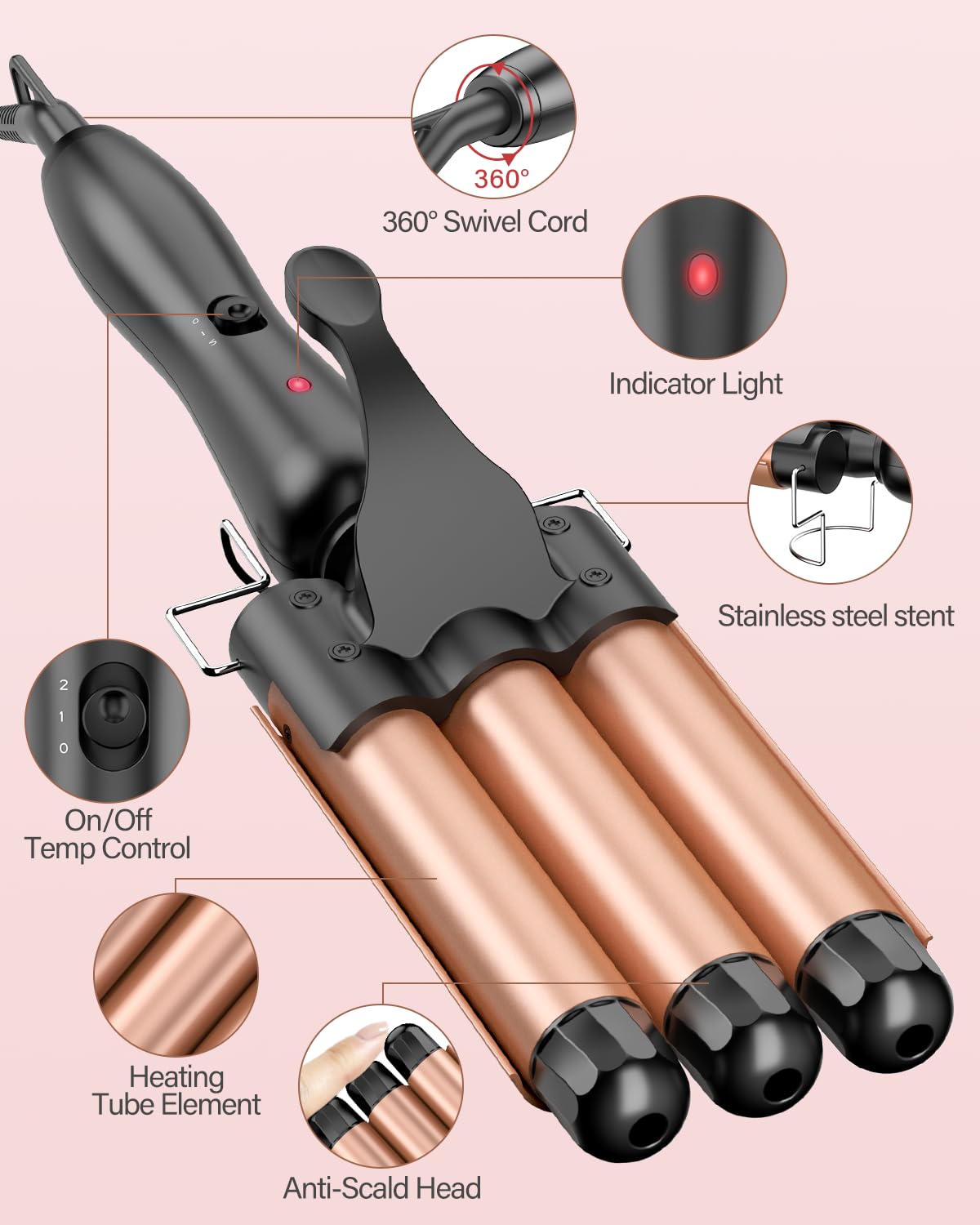 BESTOPE RAY Lockenstab 25 mm, 3-fach Lockenstab mit 30 Sekunden Aufheizzeit, C 7