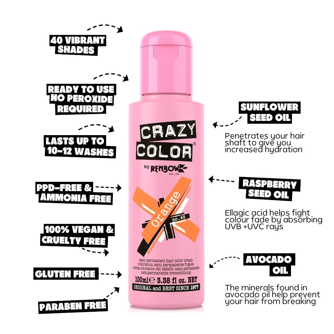 Crazy Color Vibrant Orange Semi-Permanent Hair Dye Quad Pack - Vegan, Conditioning & Oil Nourishing 4
