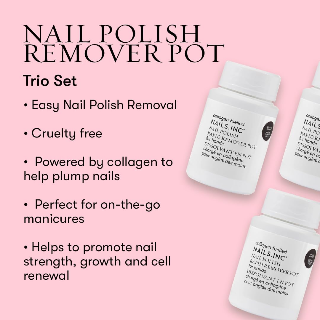 Nails.INC Collagen-Infused Nail Polish Remover Pot Trio, Acetone-Free, Vegan, Coconut Scented (3 x 14ml)
