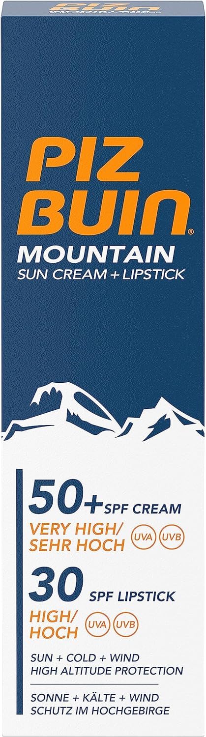 Piz Buin Mountain Gesichtssonnencreme LSF 50+ und Lippenstift LSF 30 2-in-1 (20 ml), Sonnenschutz fürs Gesicht mit UVA/UVB-Schutz, intensiv pflegende Lippenpflege für raue Wetterbedingungen