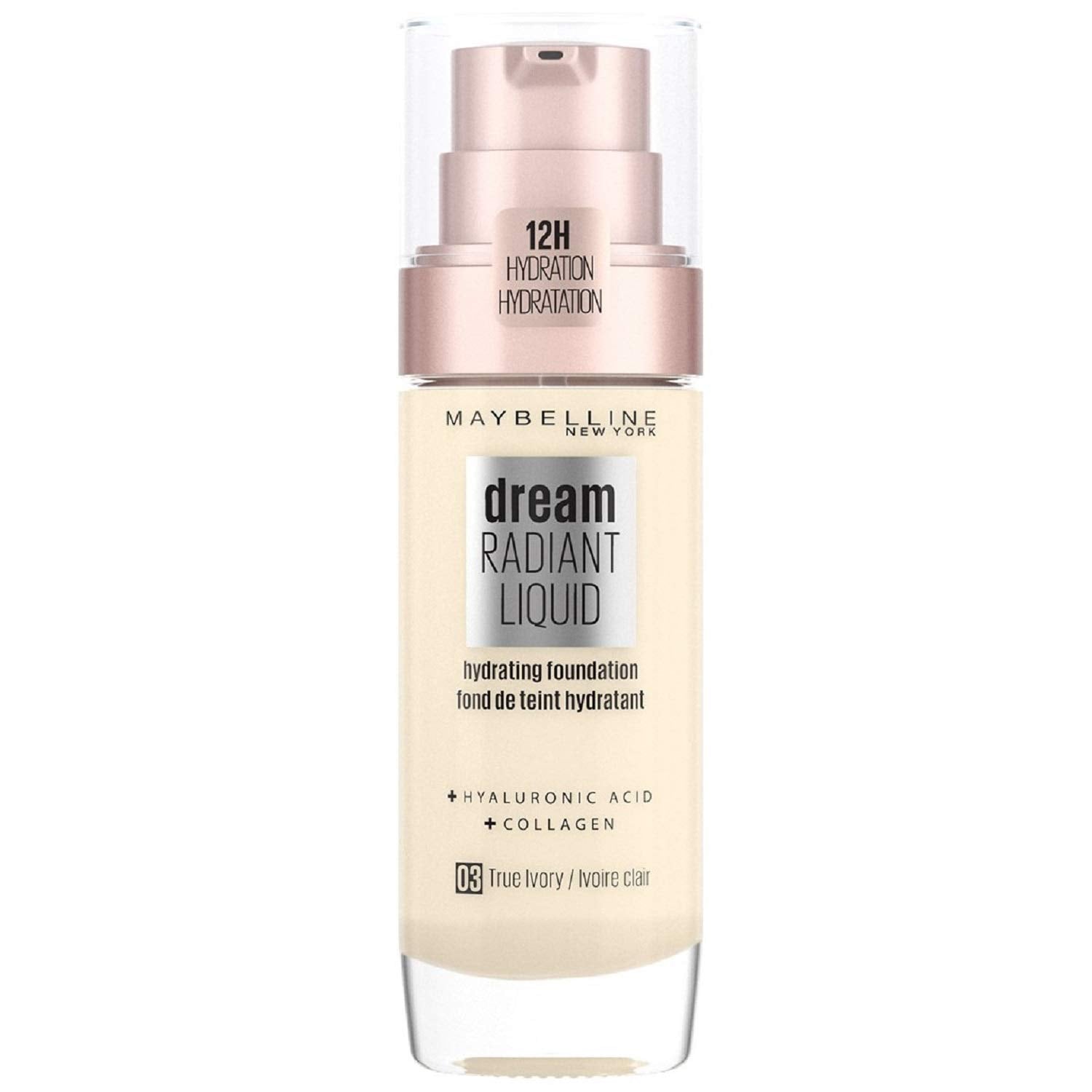 Maybelline Dream Radiant Liquid Foundation with Hyaluronic Acid & Collagen, Medium Coverage, 03 True Ivory, 30 ml