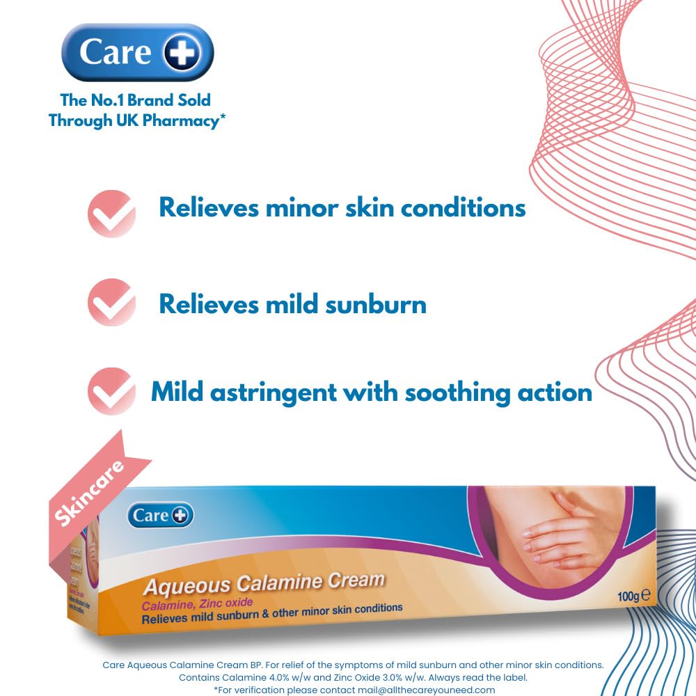 Care Aqueous and Calamine Cream Tube for Sunburn and Minor Skin Irritation Relief 100g