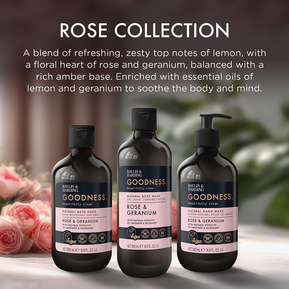 Baylis & Harding Goodness Rose & Geranium Natural Bath Soak, Pack of 3, 500ml 5