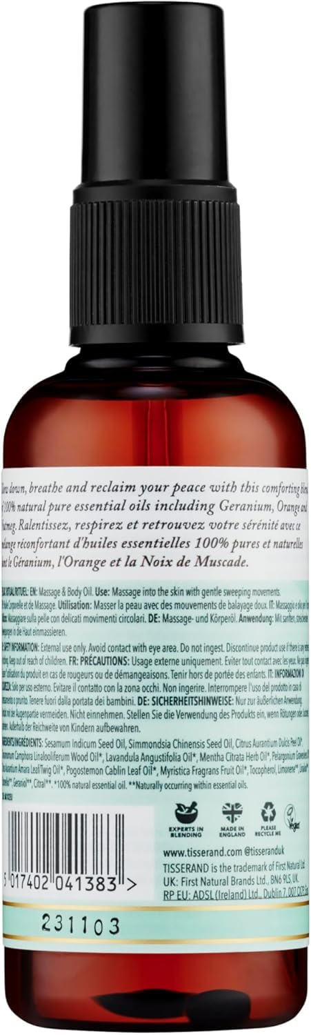 Tisserand De-Stress Relax Massage and Body Oil with Nutmeg, Orange, and Geranium Essential Oil - 100ml