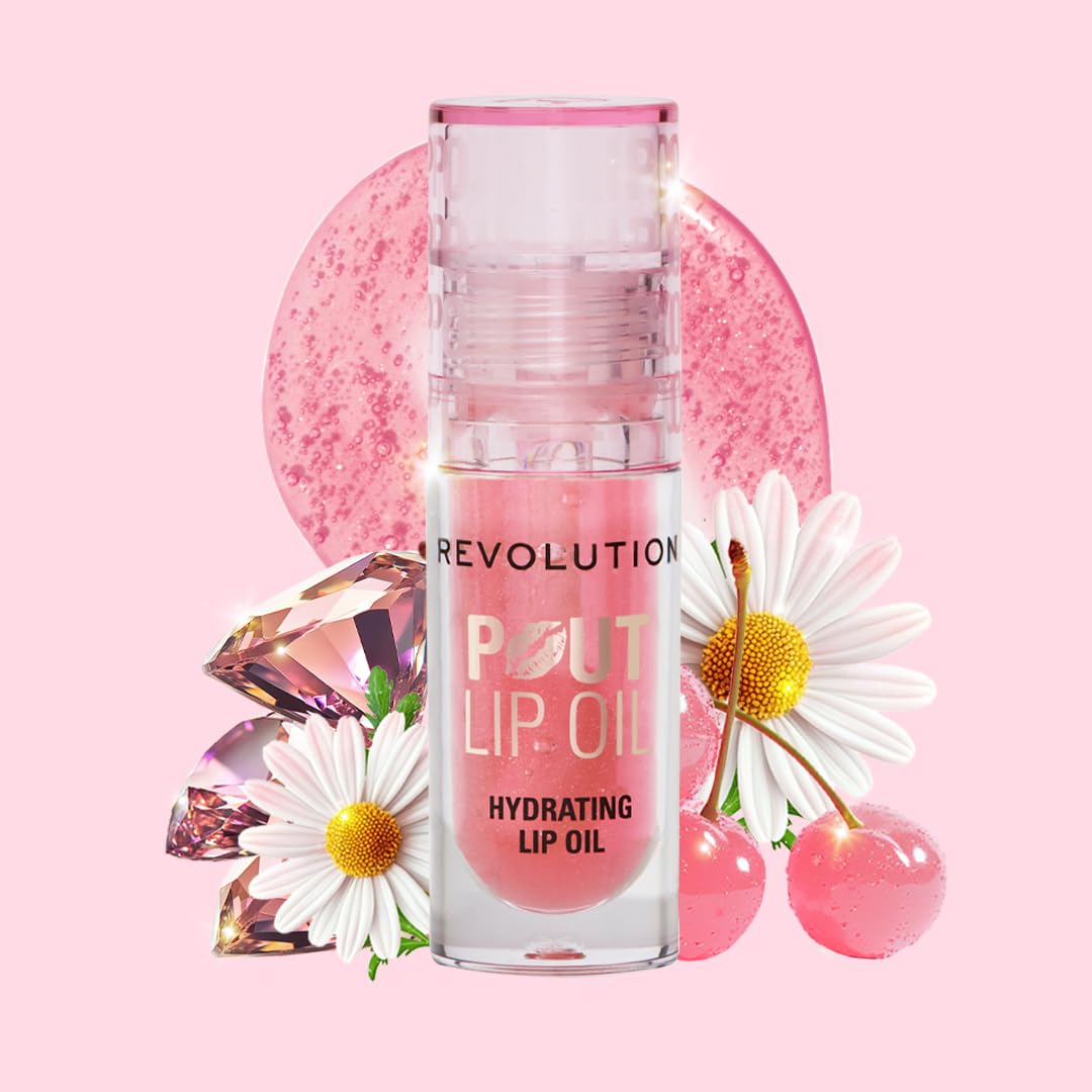 Revolution Pout Lip Oil in Glam Pink Shimmer - Nourishing High Shine Tinted Gloss 4ml 6
