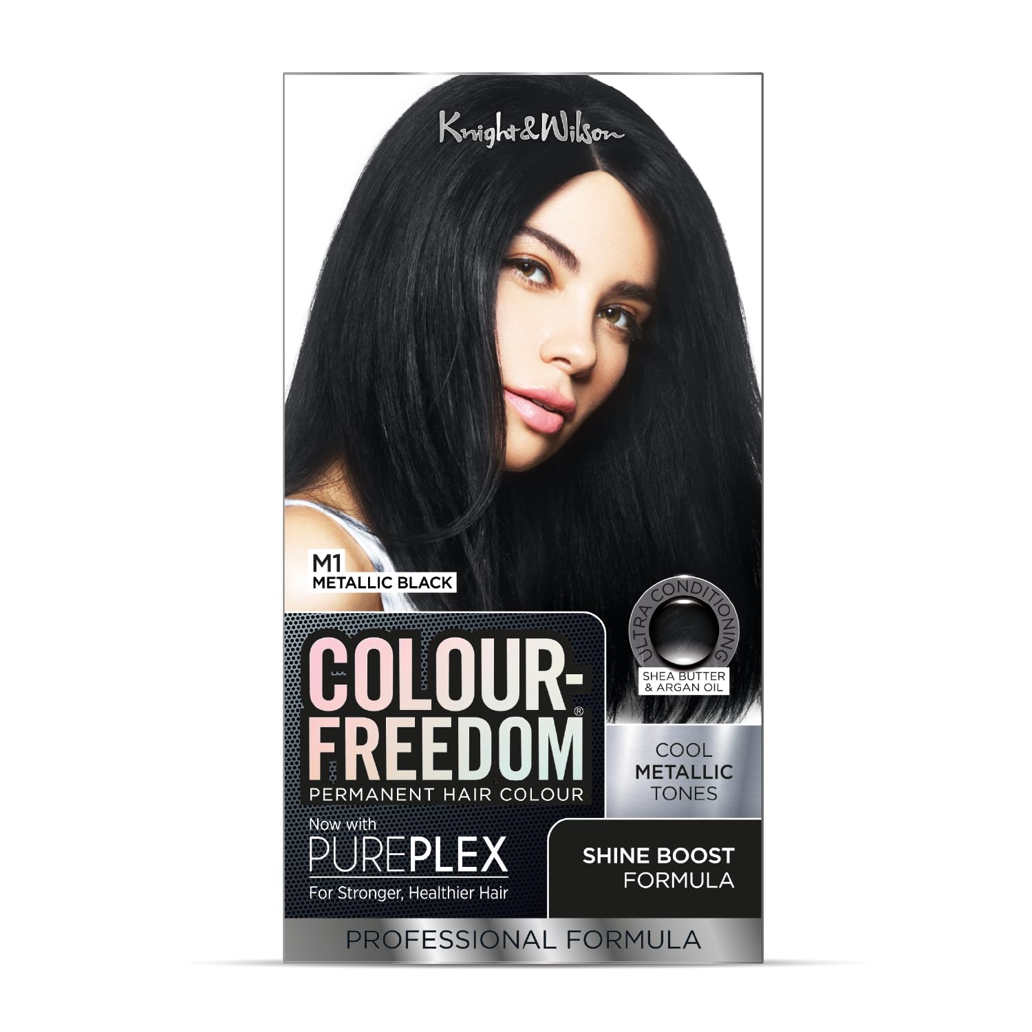 Colour Freedom Metallic Black Permanente Haarfarbe mit PurePlex. Ultraglänzende, pflegende Haarfarbe. 100 % Grauabdeckung. Von Knight &amp; Wilson. 1