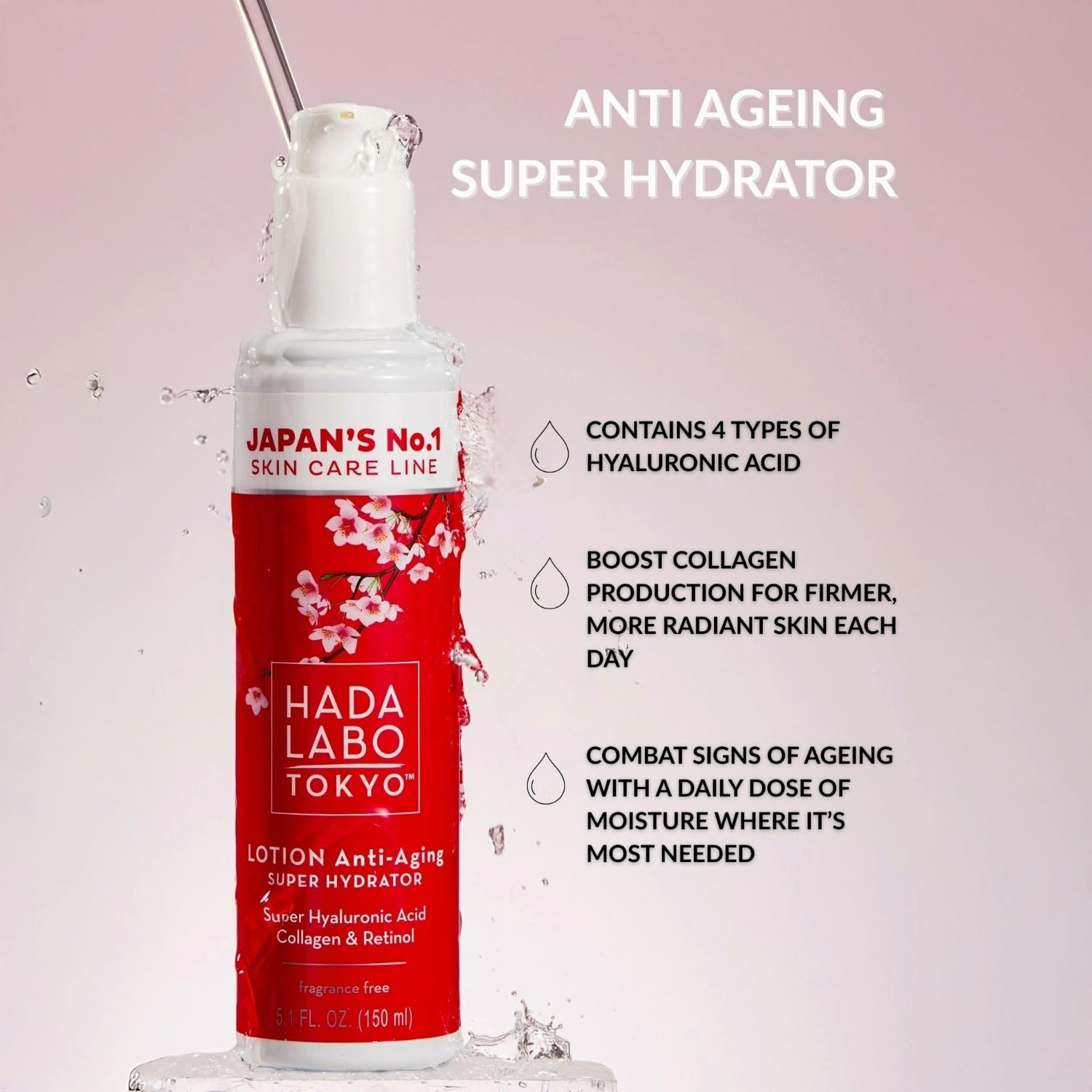 Hada Labo Tokyo - Anti-Ageing Super Hydrator Lotion mit Super-Hyaluronsäure, Kollagen &amp; Retinol, für Frauen ab 40 Jahren, 150 ml Flasche (1 Stück) 3