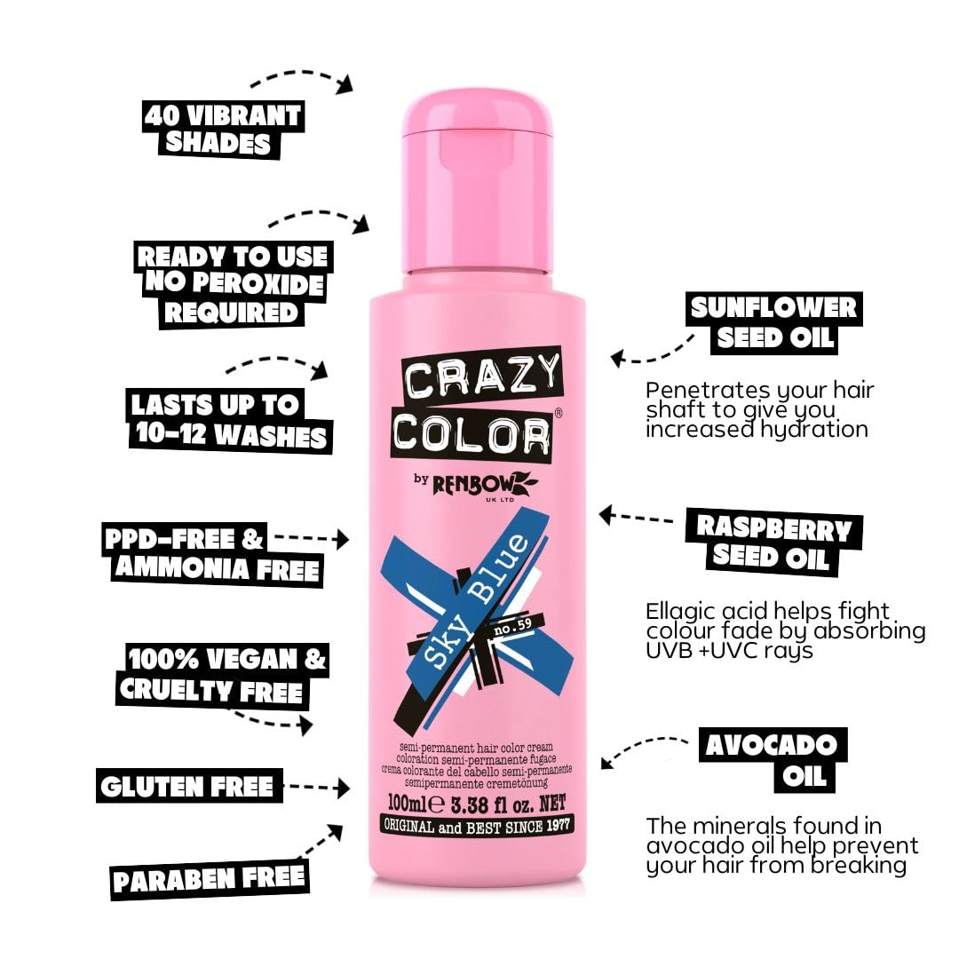Crazy Color Vibrant Sky Blue Semi-Permanent Duo Haarfarbe. Hochpigmentiertes Kobaltblau. Pflegende und ölspendende vegane Formel | Ohne Bleichmittel oder Ammoniak | 200 ml 4