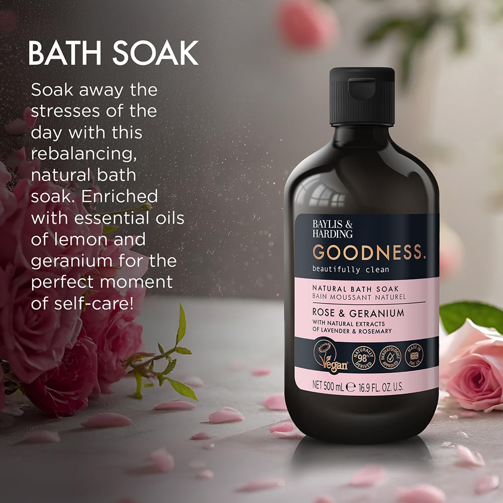 Baylis & Harding Goodness Rose & Geranium Natural Bath Soak, Pack of 3, 500ml 4