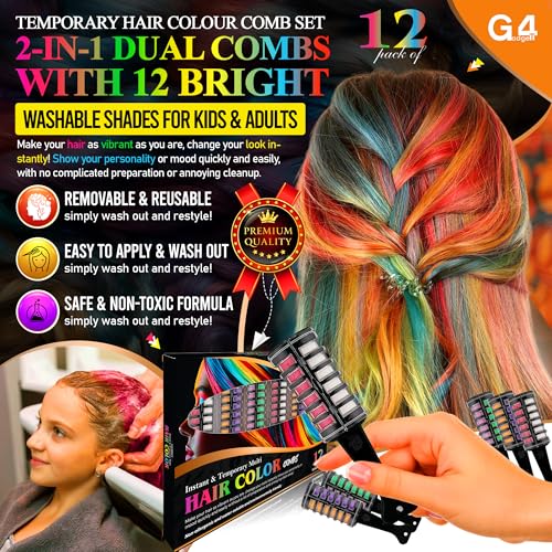 G4GADGET 2-in-1 Hair Chalk Comb Set - 12 Vibrant Temporary Hair Colours