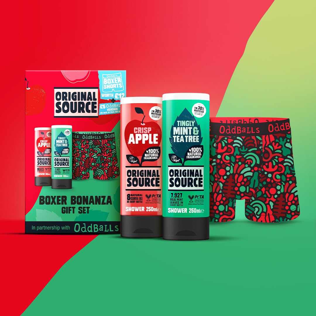Original Source x Oddballs Boxer Bonanza Geschenkset mit Duschgel und Boxershorts mit Apfel-Minz-Teebaumduft, Geschenkidee für Männer, Geburtstagsgeschenk, 100 % natürlicher Duft, vegan, tierversuchsfrei 3