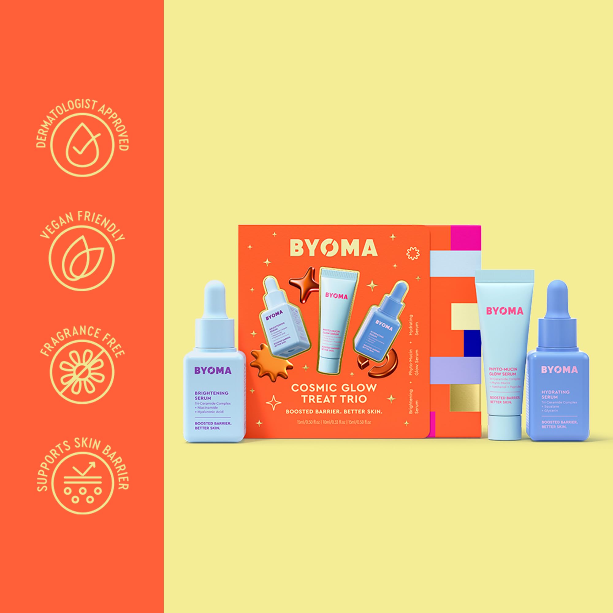 BYOMA Cosmic Glow Treat Trio: 15ml Brightening & Hydrating Mini Serums + Phyto-Mucin 6