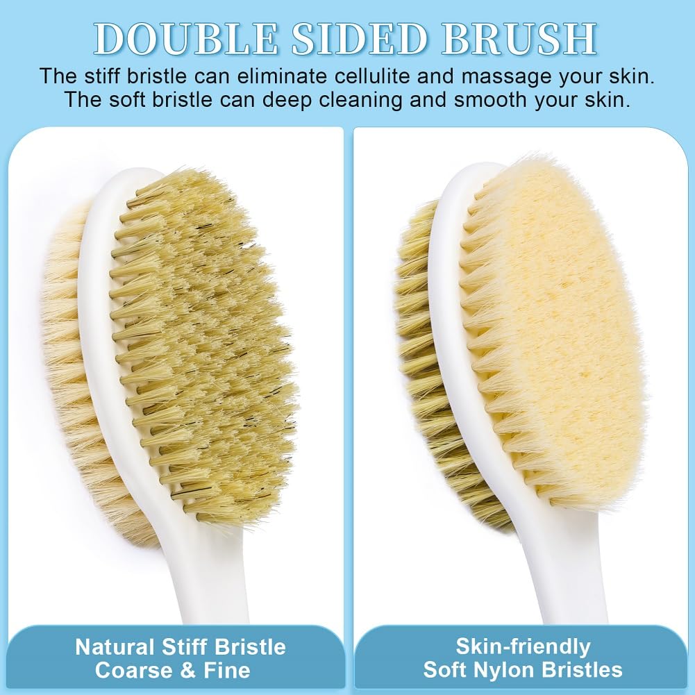 HORJOR Double-Sided Back Scrubber Brush with Long Non-Slip Handle - Wet/Dry Use
