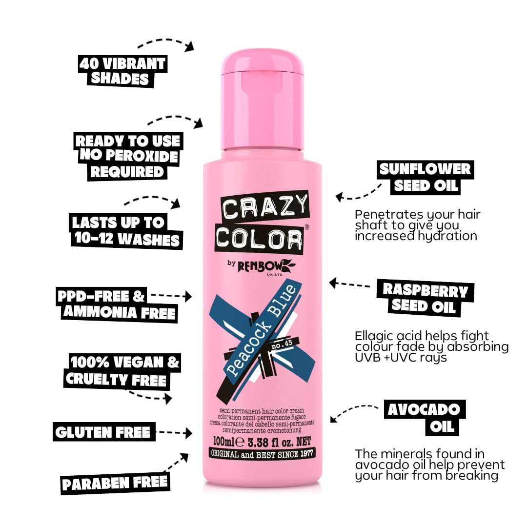 Crazy Color Peacock Blue Semi-Permanent Hair Dye - Vegan, Conditioning Teal Turquoise Color 4