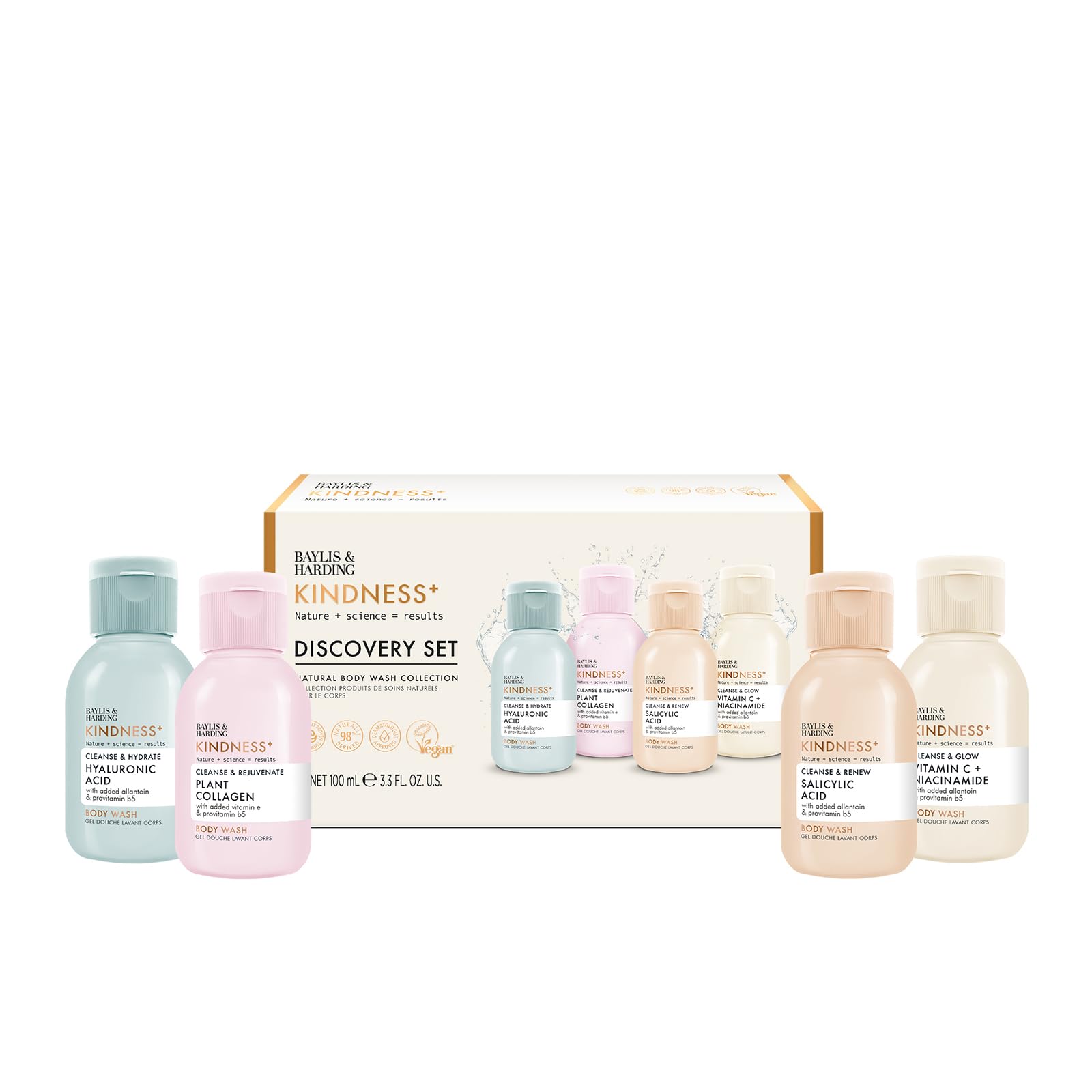 Baylis & Harding Kindness+ Discovery Gift Set: 4x Body Washes with HA, Collagen, Salicylic Acid & Vitamin C
