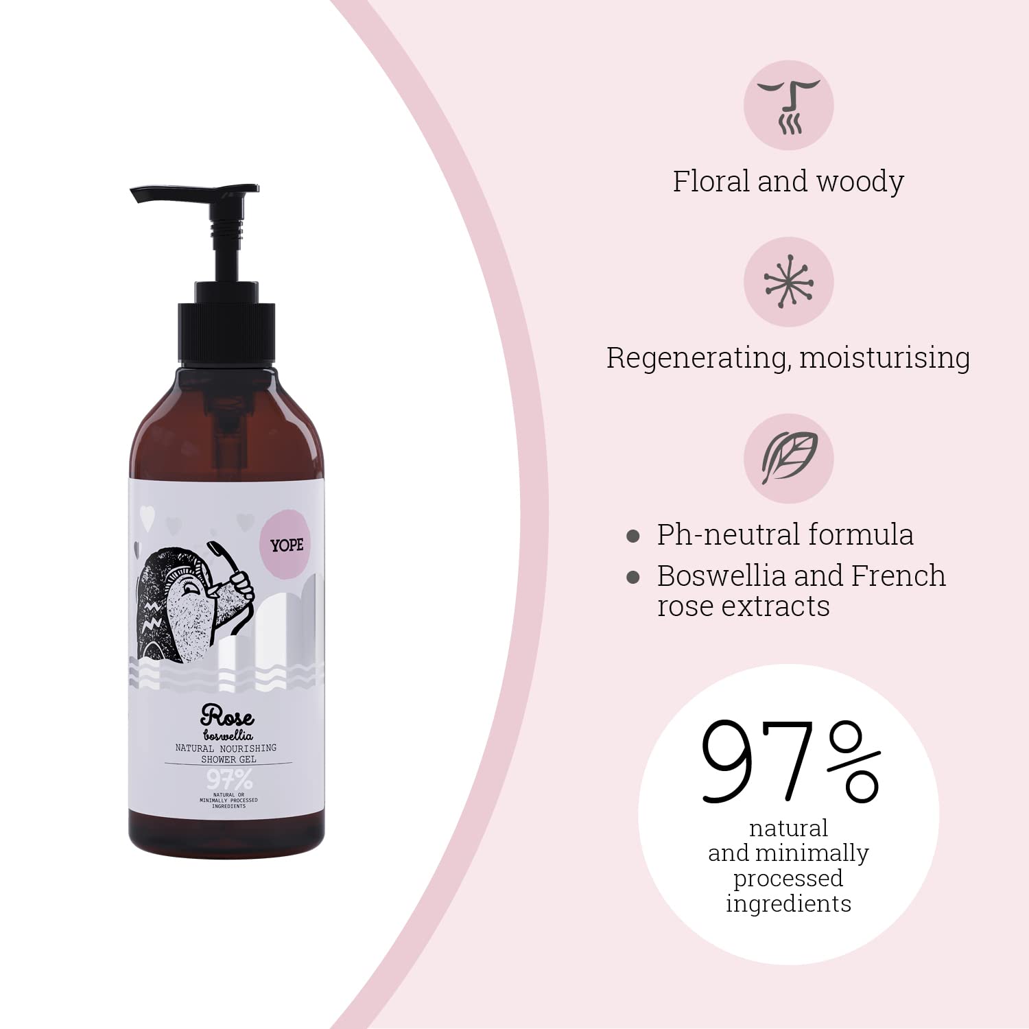 YOPE Natural Nourishing Shower Gel with Rose Extract and Boswellia, 400ml