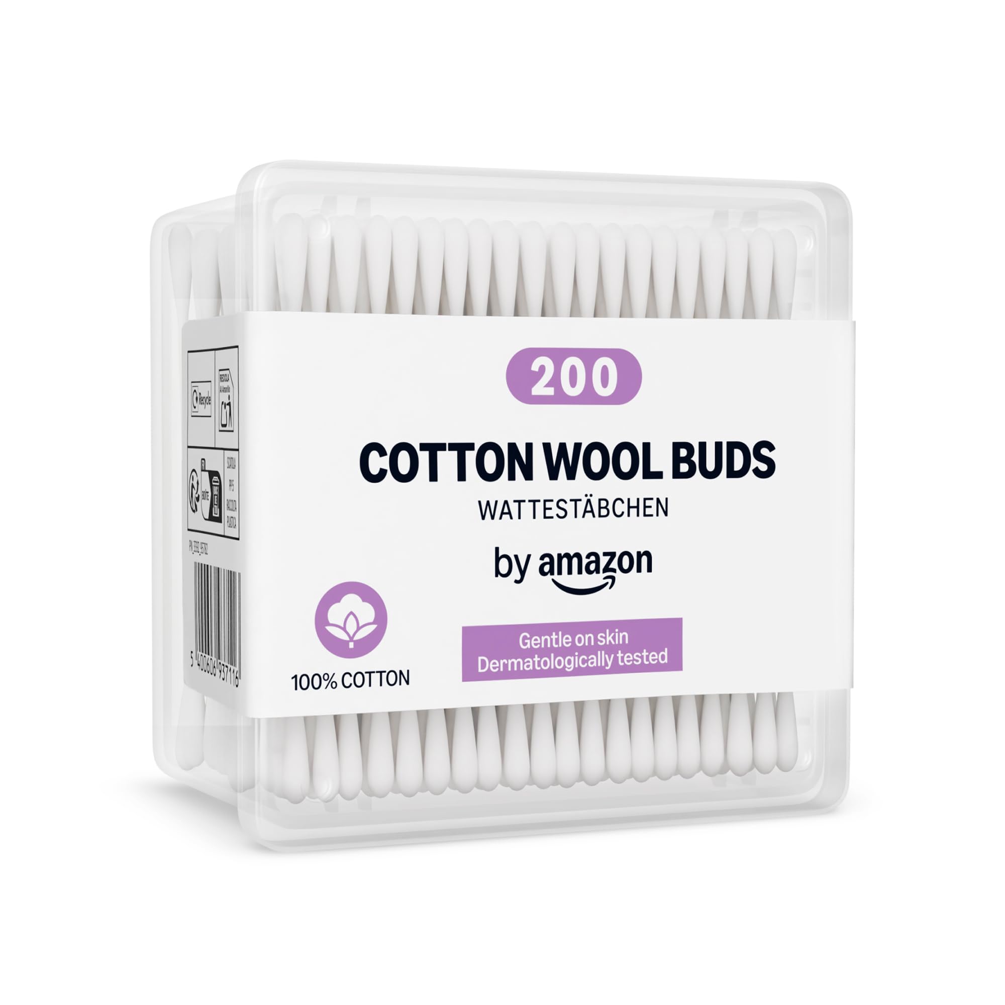 by Amazon 100% Cotton Buds, Dual-Ended Swabs, 200 Units - Hypoallergenic & Dermatologically Tested