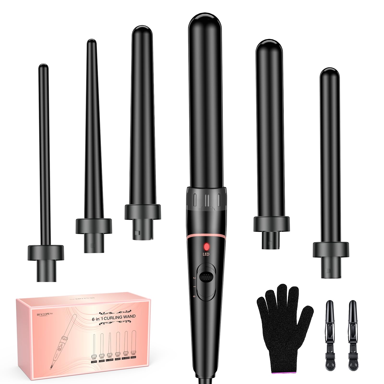 BESTOPE PRO Lockenstab-Set 6-in-1, Lockeneisen mit 2 Temperaturstufen