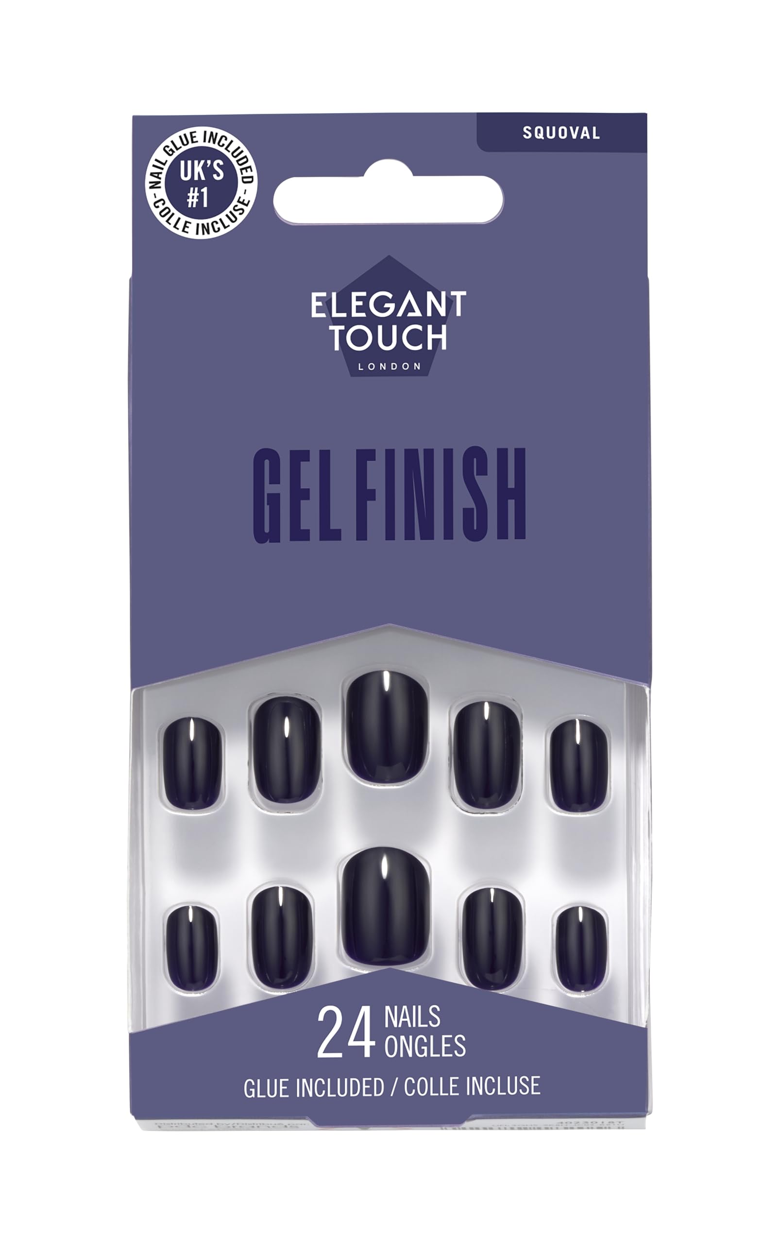 Elegant Touch Gel Finish False Nails in Alluring Inky Blue with Nail Glue
