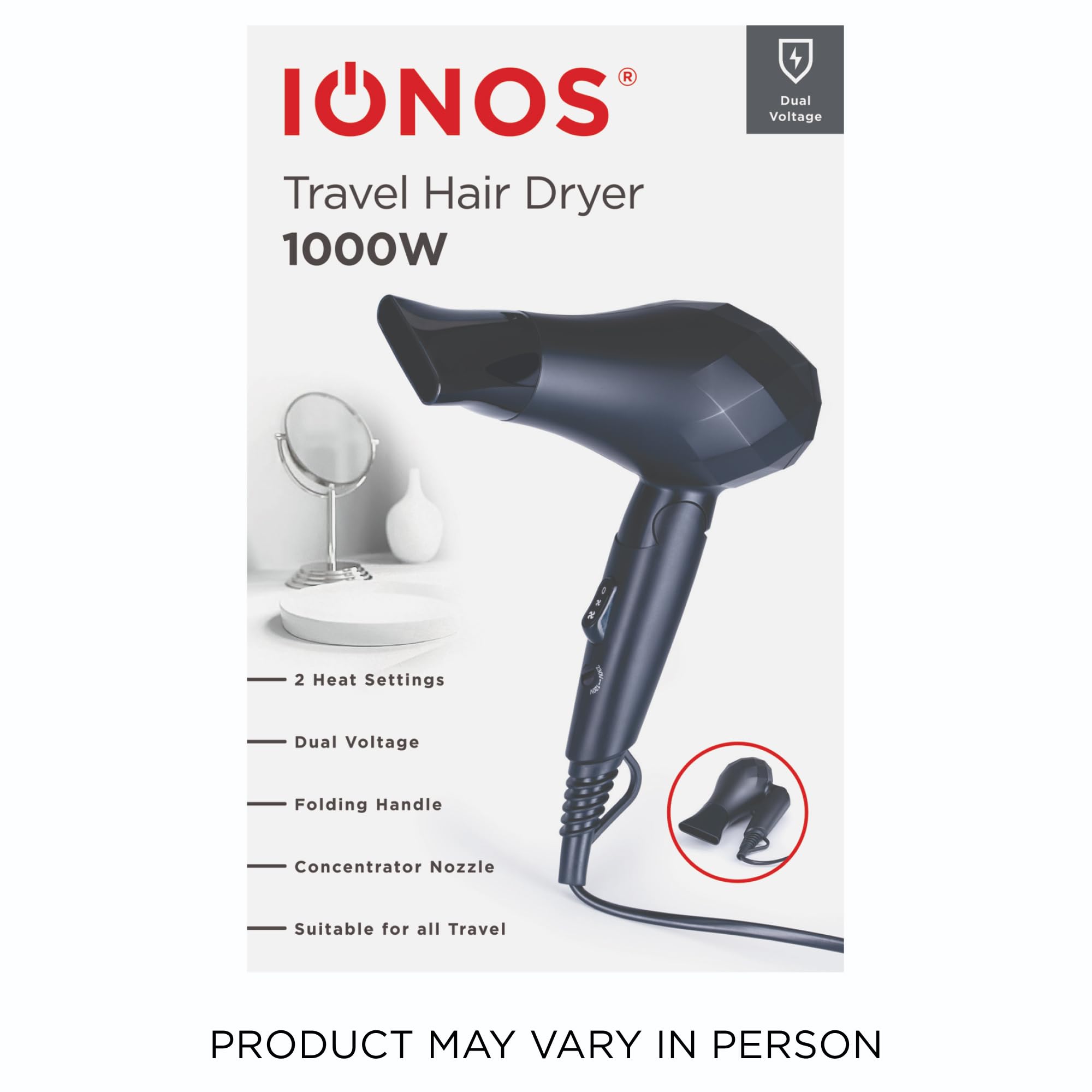 IONOS Reisehaartrockner mit Status Styling Technologie – 1000 W, 2 Geschwindigkeitsstufen, D 7