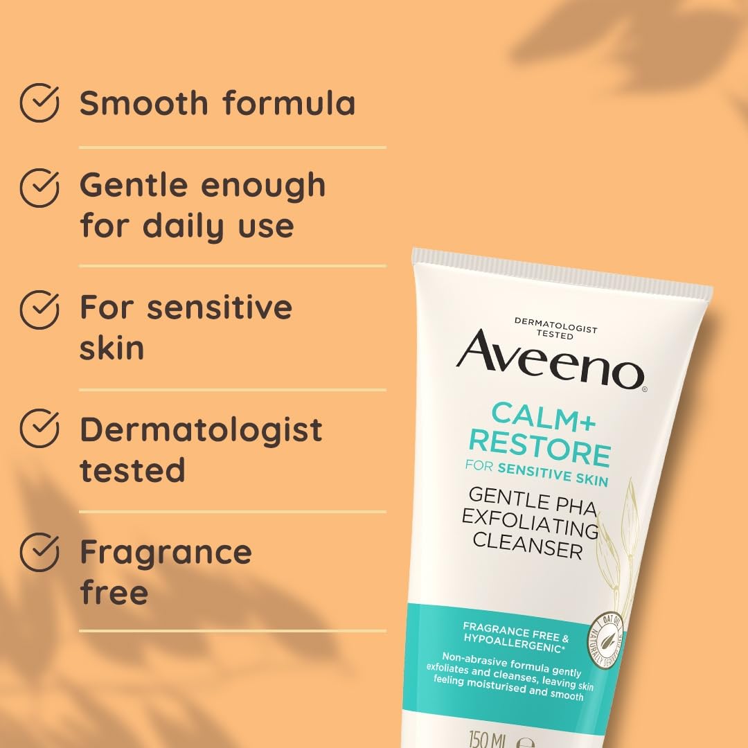 Aveeno Face Calm+Restore Sanftes PHA-Peeling-Reinigungsgel (1 x 150 ml), mit N 3