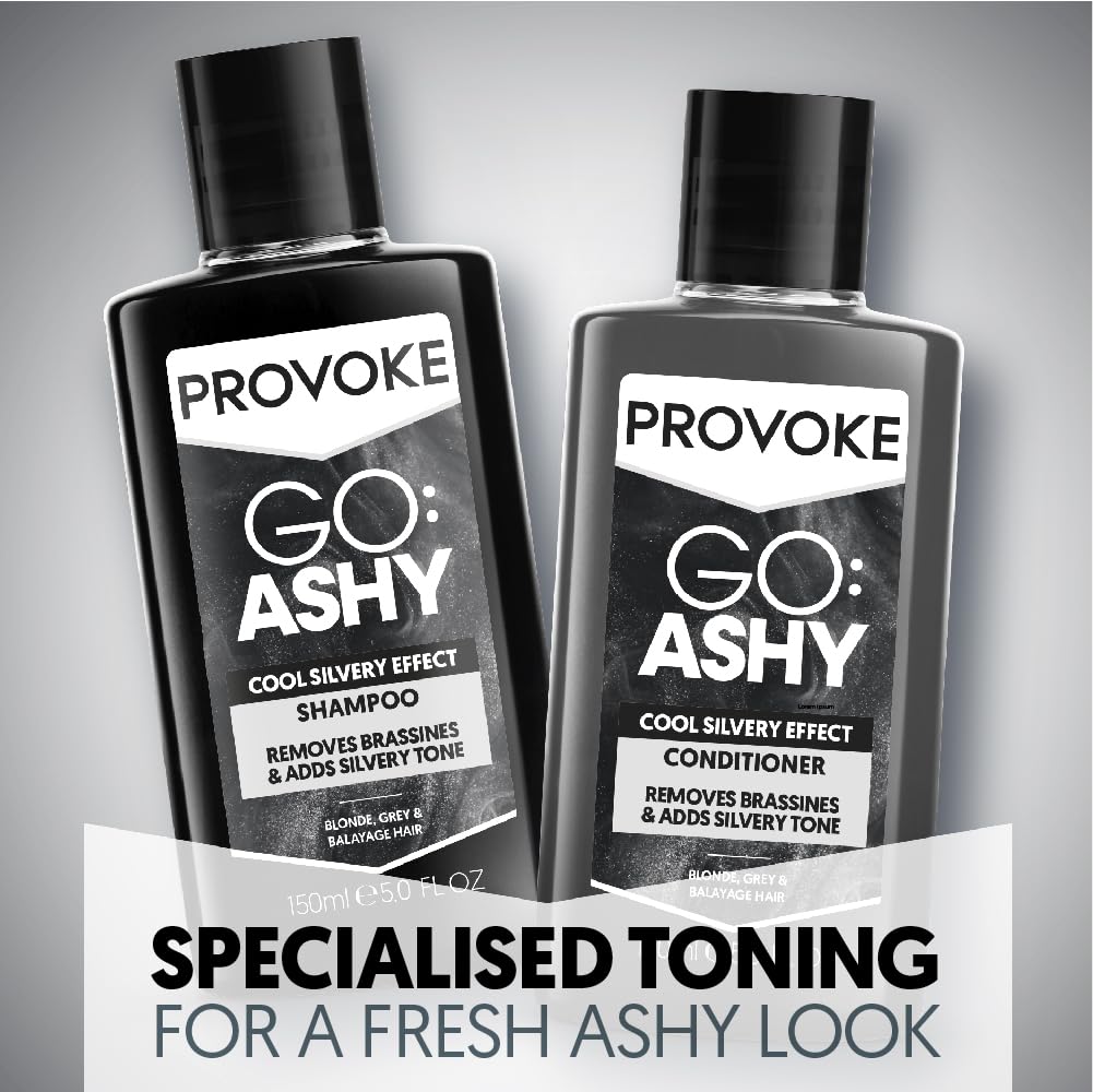 PROVOKE Go Ashy Shampoo 200ml, entfernt Gelbstich und verleiht dem Haar einen silbrigen Ton. Formuliert mit Triple Toning Technology, verwandelt warmes und gelbstichiges Haar in kühles und aschiges Haar. 3