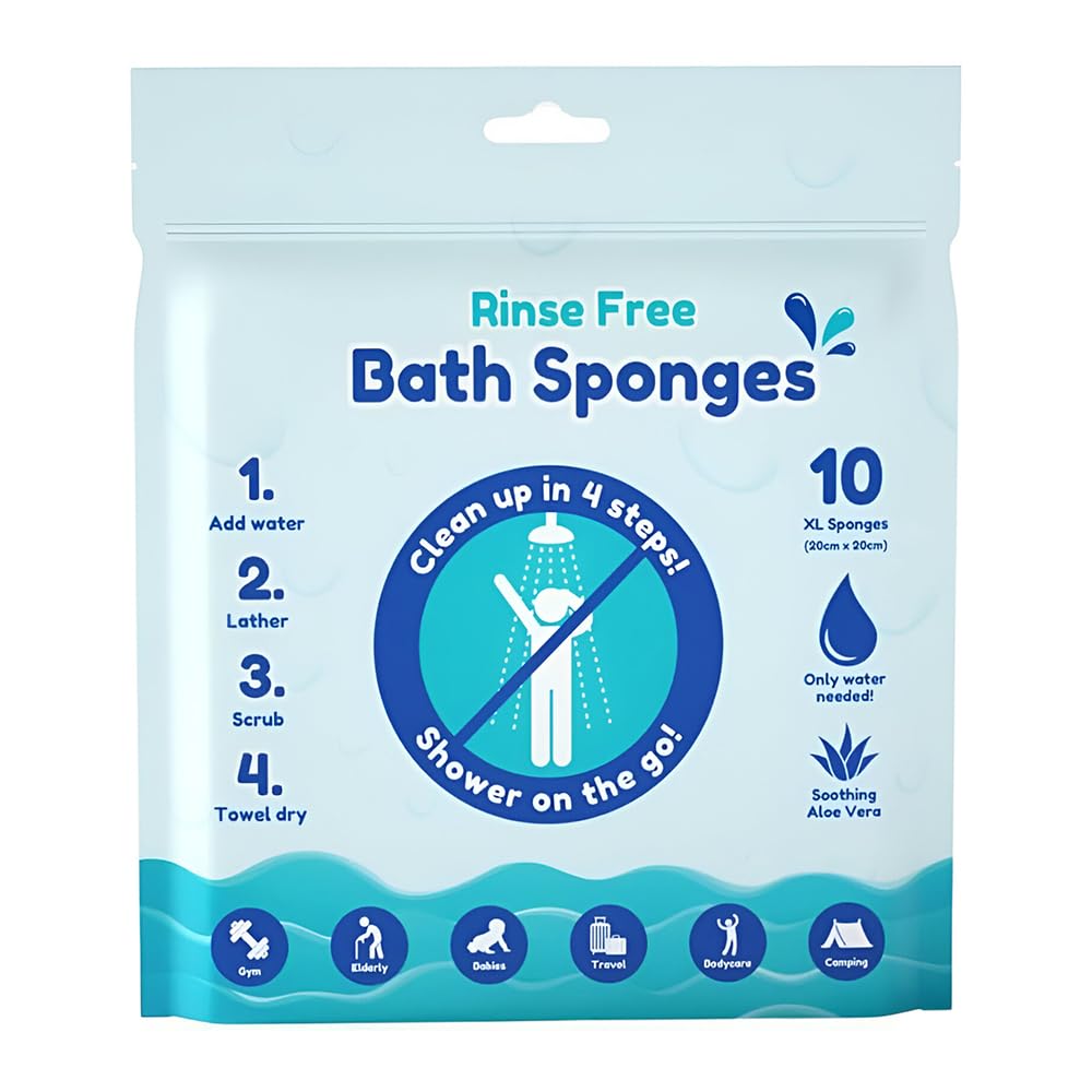 10-Pack Rinse-Free Bath Sponges with Soothing Aloe Vera for Travel & Gym