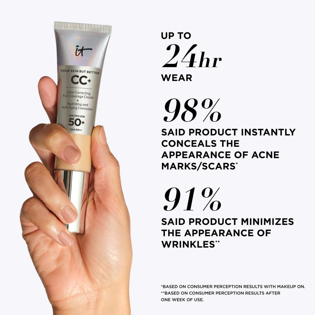 iT Cosmetics Full Coverage Foundation mit LSF 50, angereichert mit Hyaluronsäure und Vitamin E, Your Skin But Better CC+ Cream, Farbton: Medium, 32 ml 8