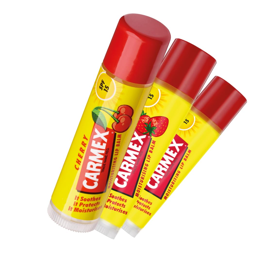 Carmex Lip Balm 3-Pack Set: Classic, Cherry & Strawberry Flavors with SPF 15
