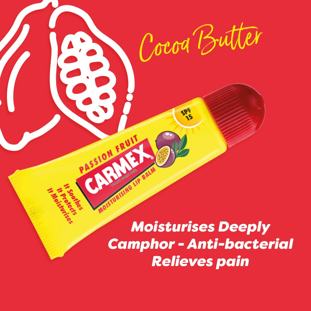 Carmex Passion Fruit Lip Balm Tube with SPF 15 for Sun Protection and Repair 8