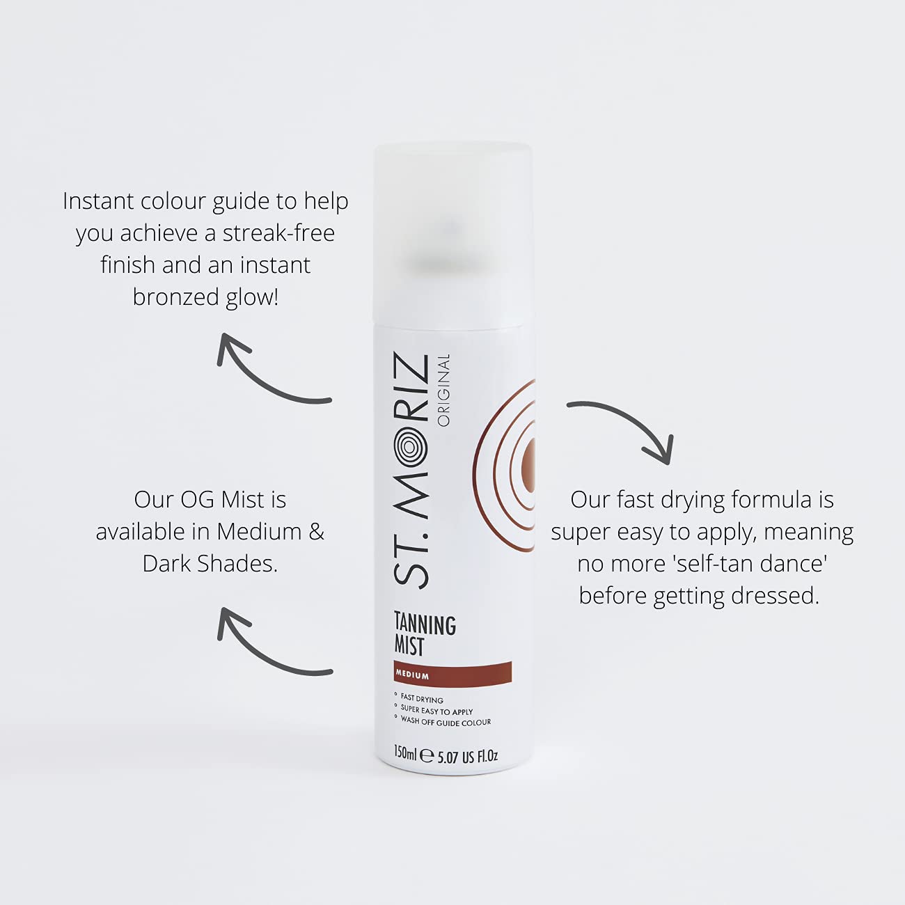 St. Moriz Original Selbstbräunungsspray in Medium | Schnelltrocknendes, veganes Selbstbräunungsspray | Sofort abwaschbare Farbanleitung für einen goldenen Teint | Dermatologisch getestet | Vegan | Tierversuchsfrei | 150 ml