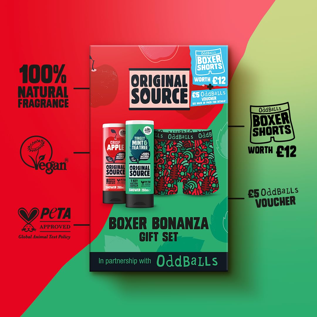 Original Source x Oddballs Boxer Bonanza Geschenkset mit Duschgel und Boxershorts mit Apfel-Minz-Teebaumduft, Geschenkidee für Männer, Geburtstagsgeschenk, 100 % natürlicher Duft, vegan, tierversuchsfrei 4