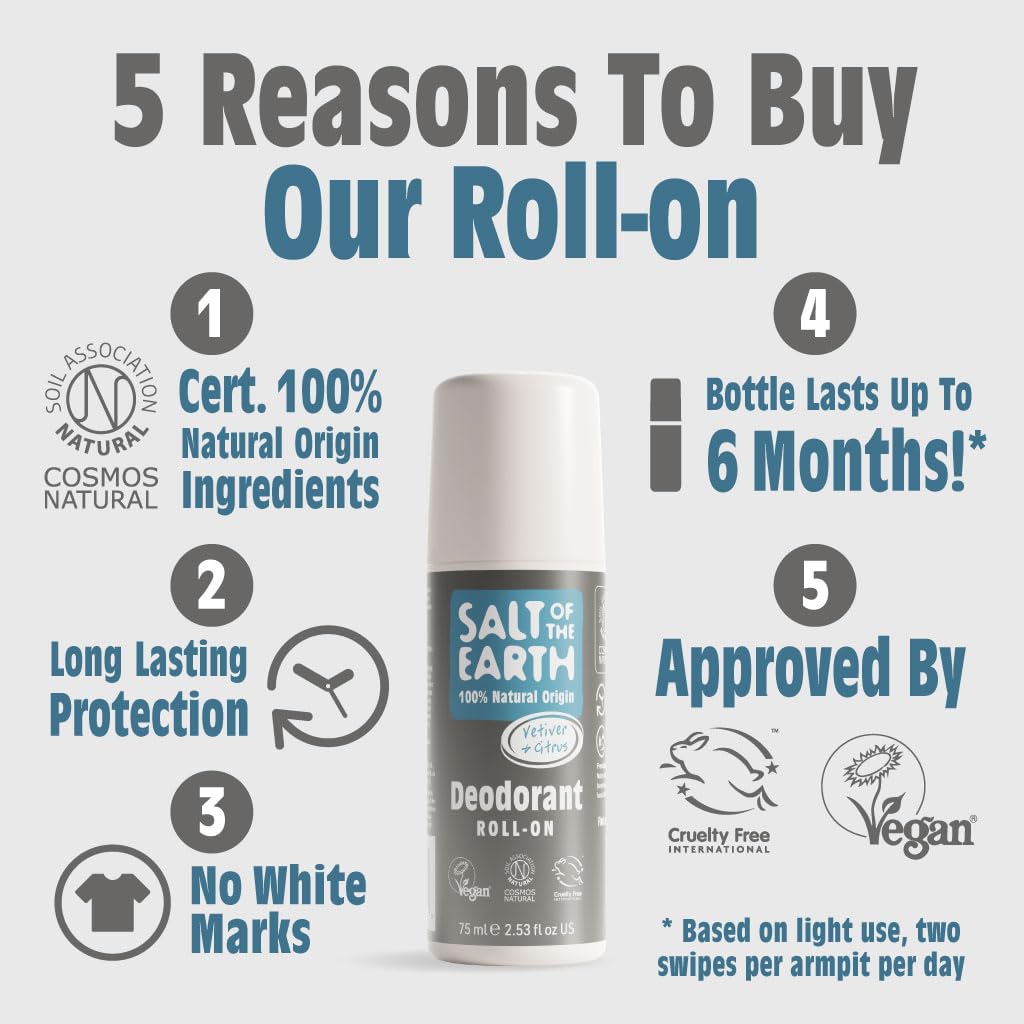 Salt of the Earth Natural Deodorant Roll On for Men, Vetiver & Citrus, 75ml