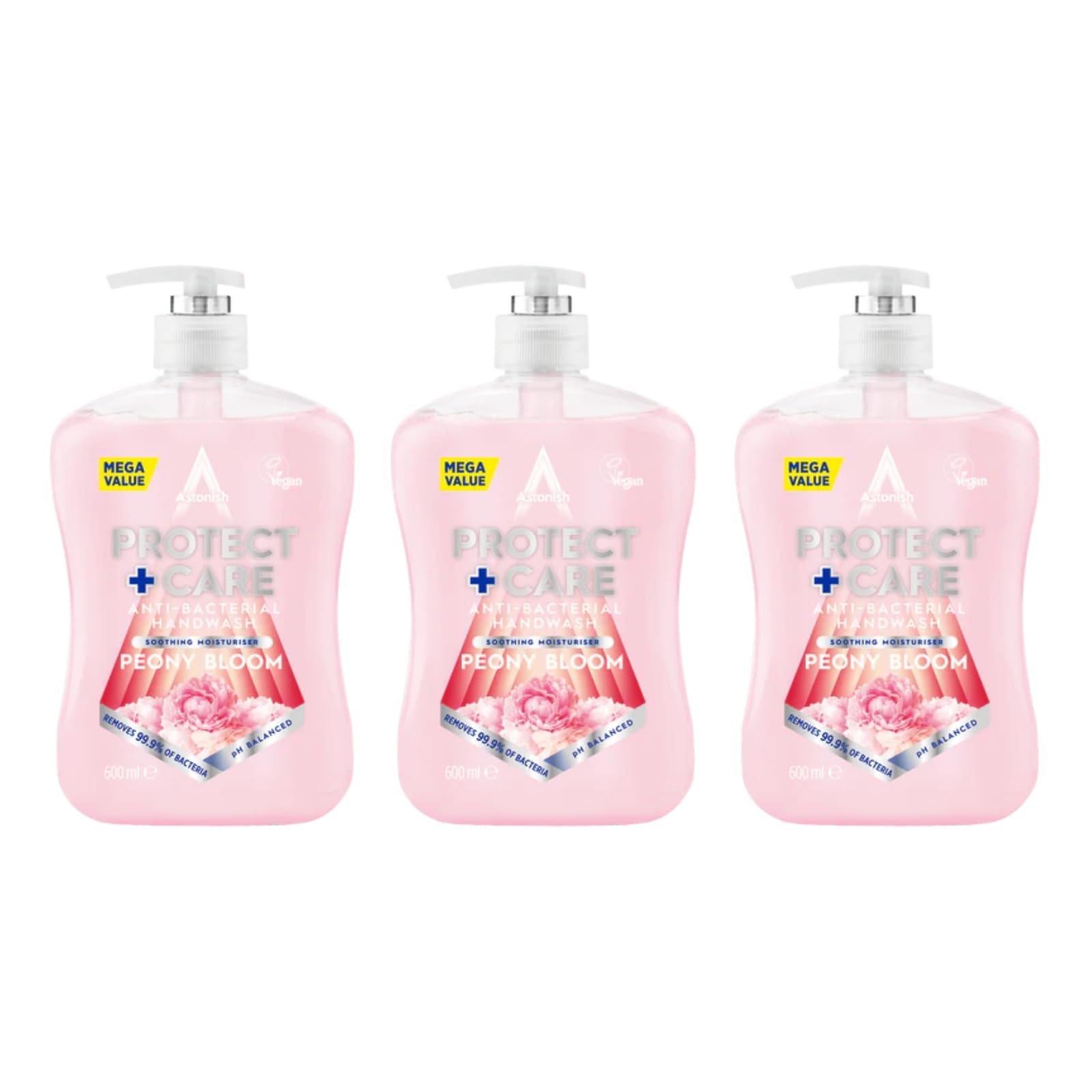 Astonish Protect and Care Anti-Bacterial Moisturising Hand Wash Soap, Peony Bloom, 3 x 600ml Multipack