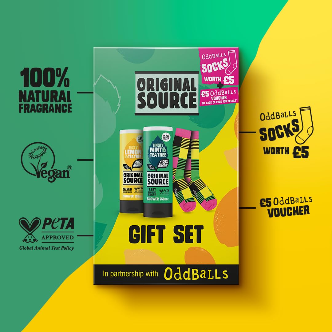 Original Source x Oddballs Geschenkset, Duschgel Minze &amp; Teebaum, Duschgel Zitrone &amp; Teebaum, Oddballs Socken, Geschenkidee für Männer, 100 % natürlicher Duft, vegan, tierversuchsfrei 4