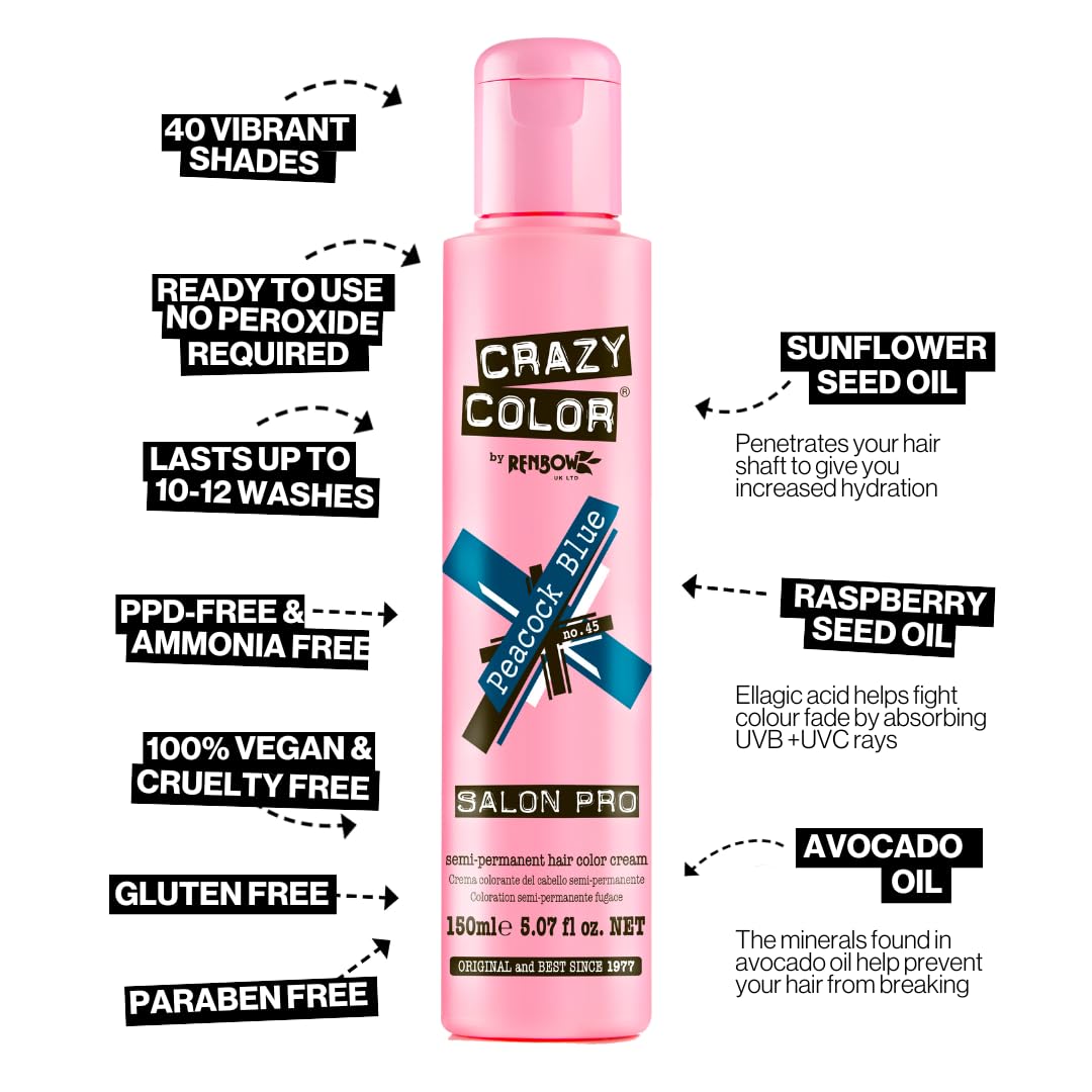 Crazy Color Peacock Blue Semi-Permanent Hair Dye - Highly Pigmented Teal 4