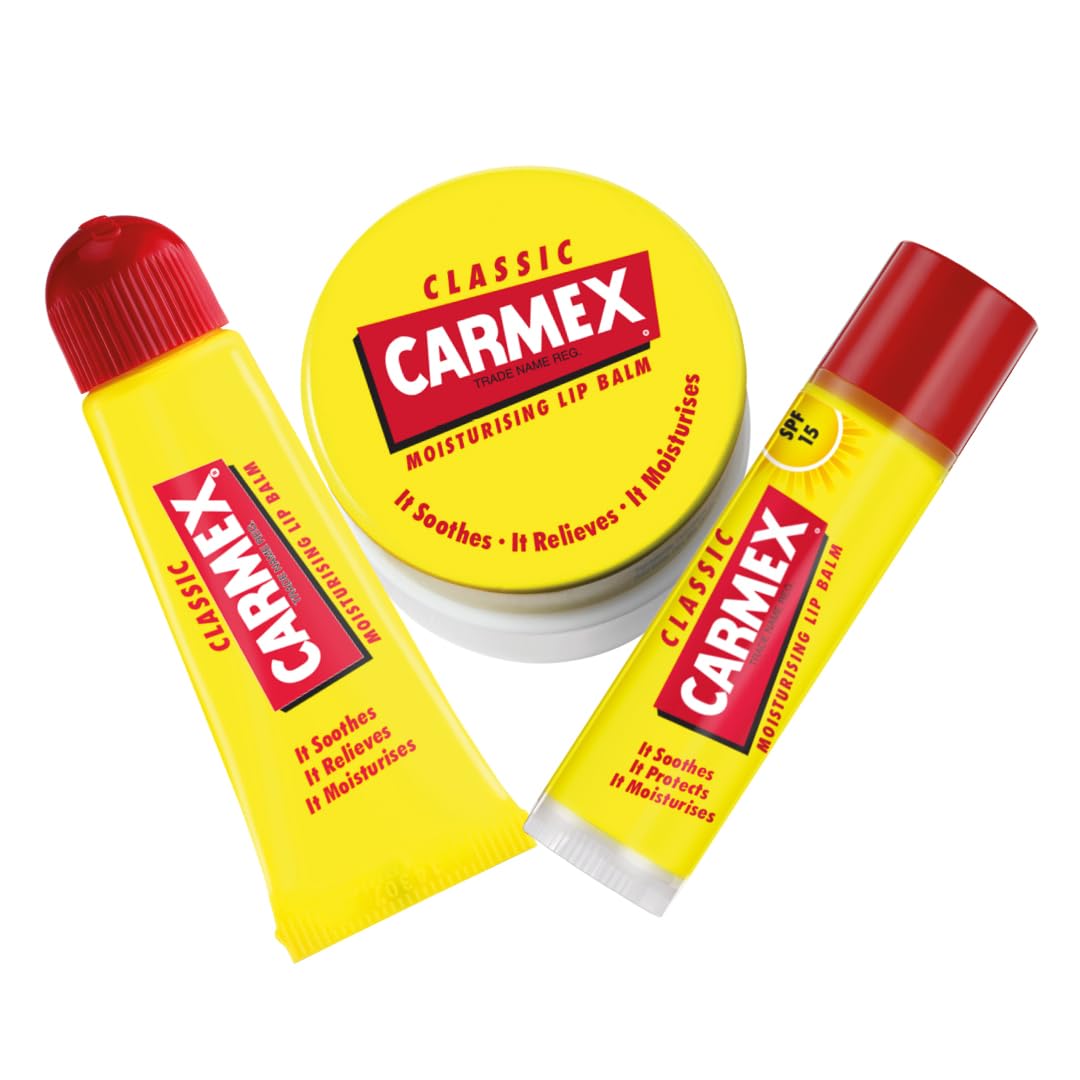 Carmex Classic Lip Balm Set (Stick, Pot & Tube) with SPF 15 for Intense Hydration