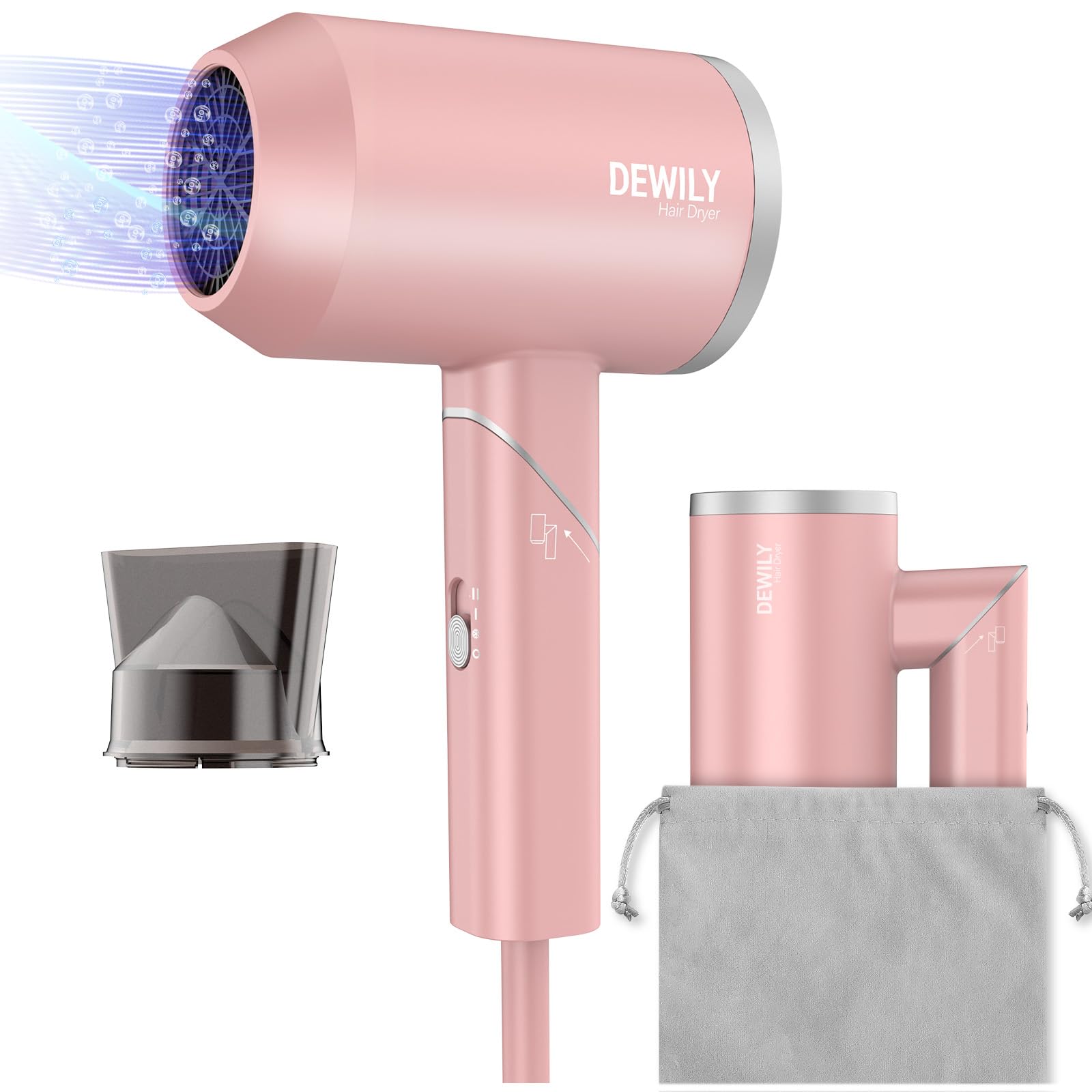 DEWILY 1800W Pink Travel Hairdryer for Women - Lightweight, Foldable Blow Dryer with Ion Technology and Bag
