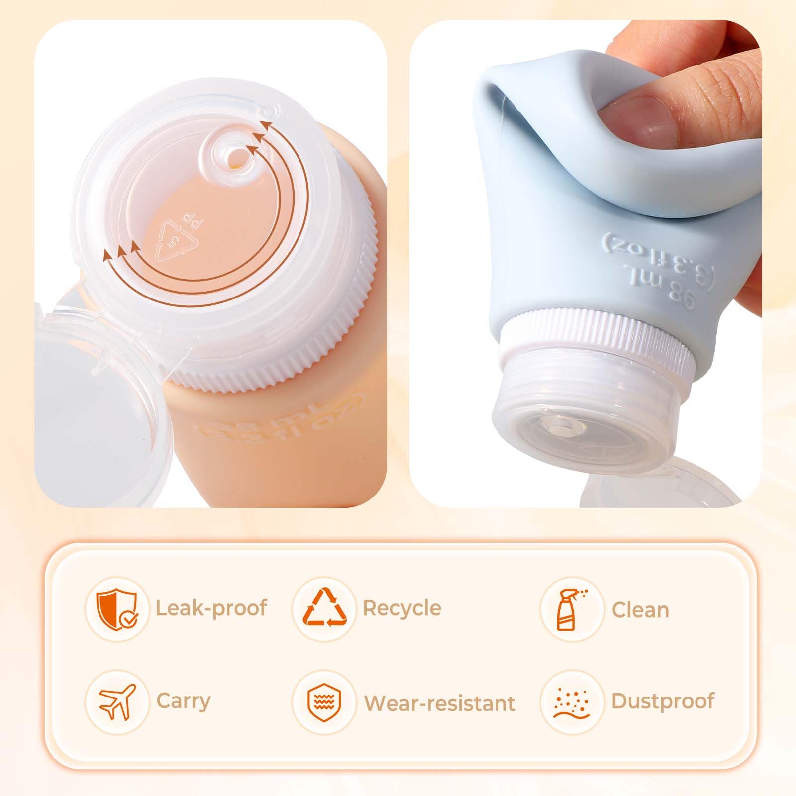 Diboniur 4 Pack 98ml Food-Grade Silicone Travel Bottles with Leak Proof TSA Approval 3