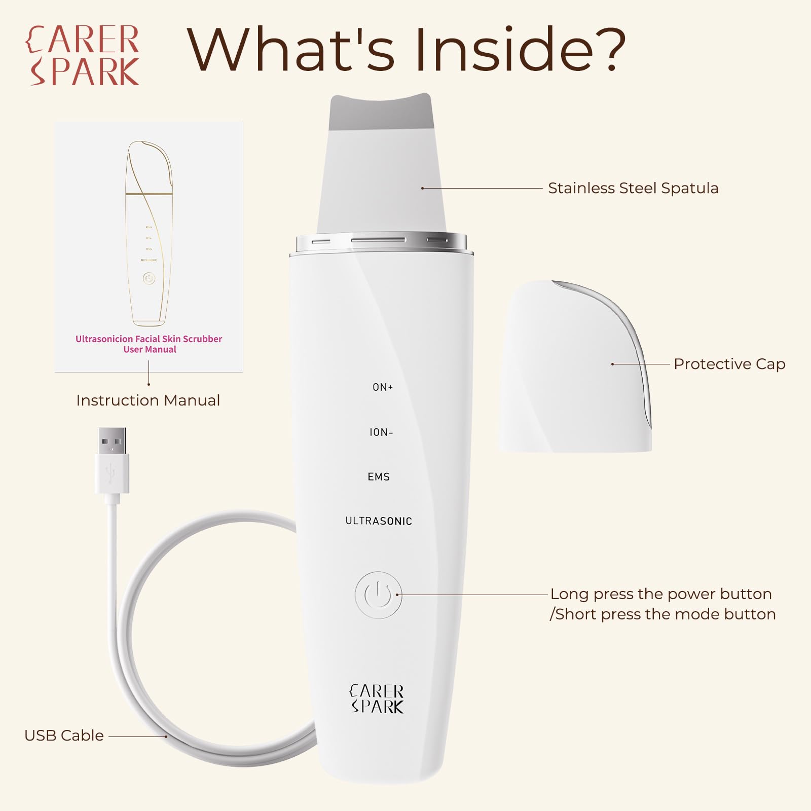 CARER SPARK Ultrasonic Facial Scrubber with EMS Microcurrent and Red/Blue Light Therapy