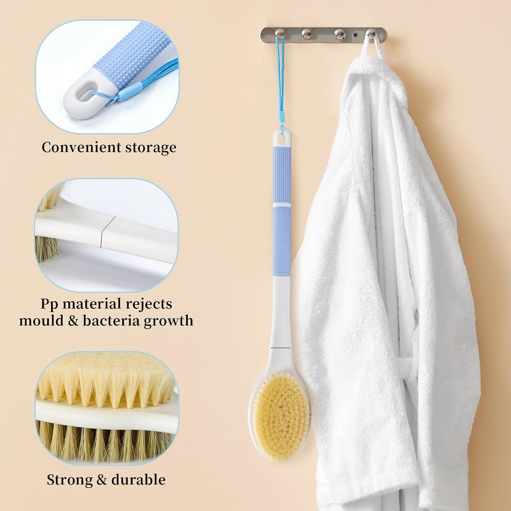 HORJOR Double-Sided Back Scrubber Brush with Long Non-Slip Handle - Wet/Dry Use 4